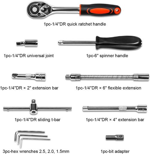 46-Pieces 1*4 Inch Drive Socket Ratchet Wrench Set Metric Bit Socket Extension Bar Hand Tools Case Pack Auto Repair Garden Use