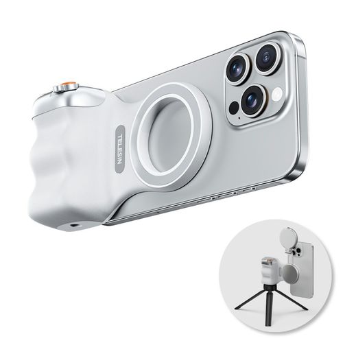 TELESIN Cell Phone Camera Grip Handle with Wireless Shutter Remote Fill Light for iPhone Android Magnetic Cell Phone Camera Grip