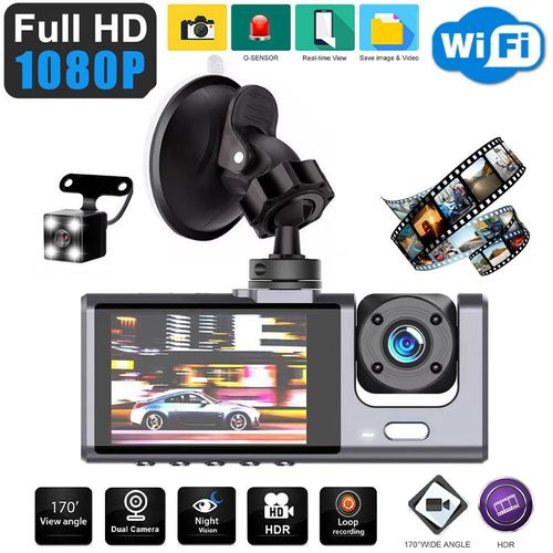 High-definition 1080P 2-inch screen dash cam with three lenses displaying simultaneously, reverse camera, mobile phone WiFi, and car DVR.