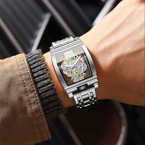 Stylish Barrel-Shaped Motorcycle Gear-Inspired Skeleton Tourbillon Watch with Genuine Leather Strap for Men Water-Resistant with Luminous Features