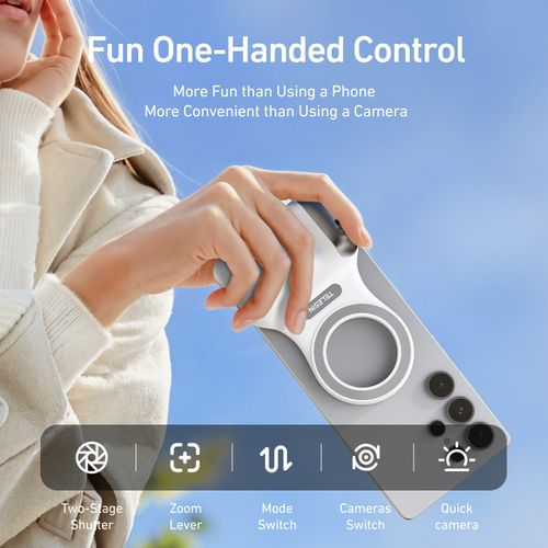 TELESIN Cell Phone Camera Grip Handle with Wireless Shutter Remote Fill Light for iPhone Android Magnetic Cell Phone Camera Grip