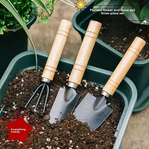 Sunshine Mini Garden Tools Set 3pcs Gardening Kit with Shovel and Rake Durable Wooden Handle, Perfect for Potted Flowers