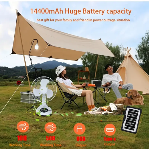 12-inch Portable Solar Charging Fan, Battery-Driven Fan with 2 Bulbs and Solar Panel, Alternating current or direct current Solar Power, Rechargeable Battery Power, Suitable for Outdoor Camping Fans, Home Fans, Dormitory Fans