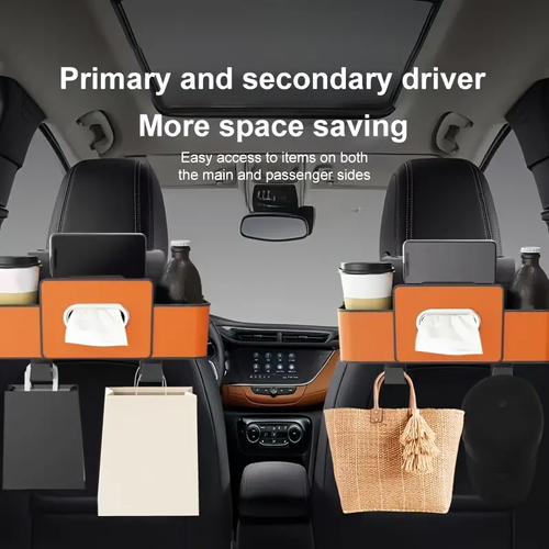 Premium Black Car Seat Back Storage Box with Tissue Holder – Adjustable Hooks, Dual Compartments for Drinks & Snacks – Easy Installation, 11-Scene Compatible Auto Organizer | Elegant Stitching | ABS Resin Construction