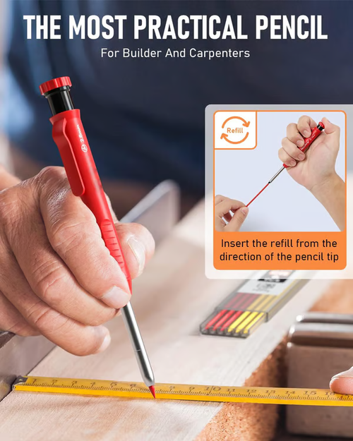 Carpenter Pencil with Sharpener, Mechanical Pencils Set with 24 Refills, Deep Hole Marker for Construction, Heavy Duty Woodworking Pencils for Architect