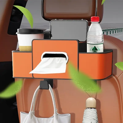 Premium Black Car Seat Back Storage Box with Tissue Holder – Adjustable Hooks, Dual Compartments for Drinks & Snacks – Easy Installation, 11-Scene Compatible Auto Organizer | Elegant Stitching | ABS Resin Construction