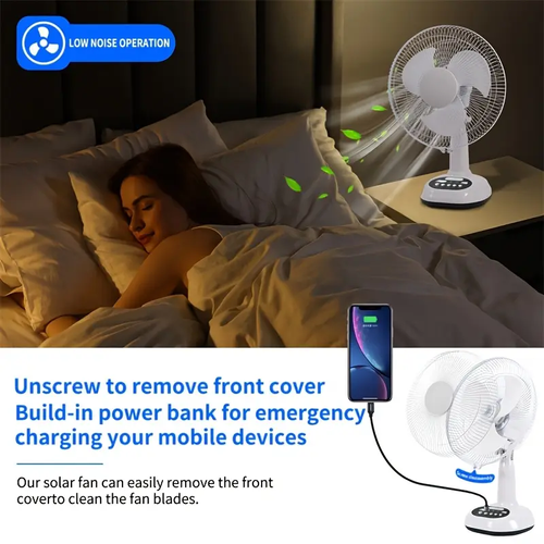 12-inch Portable Solar Charging Fan, Battery-Driven Fan with 2 Bulbs and Solar Panel, Alternating current or direct current Solar Power, Rechargeable Battery Power, Suitable for Outdoor Camping Fans, Home Fans, Dormitory Fans
