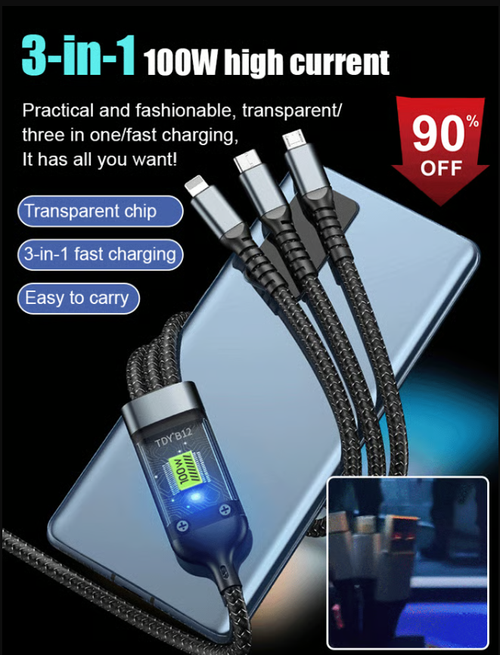 Transparent Luminous Super Fast Charging 3-in-1 Data Cable