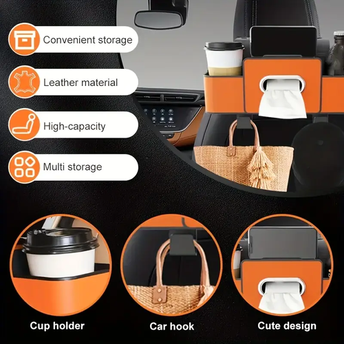 Premium Black Car Seat Back Storage Box with Tissue Holder – Adjustable Hooks, Dual Compartments for Drinks & Snacks – Easy Installation, 11-Scene Compatible Auto Organizer | Elegant Stitching | ABS Resin Construction