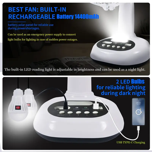 12-inch Portable Solar Charging Fan, Battery-Driven Fan with 2 Bulbs and Solar Panel, Alternating current or direct current Solar Power, Rechargeable Battery Power, Suitable for Outdoor Camping Fans, Home Fans, Dormitory Fans