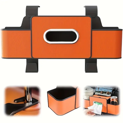 Premium Black Car Seat Back Storage Box with Tissue Holder – Adjustable Hooks, Dual Compartments for Drinks & Snacks – Easy Installation, 11-Scene Compatible Auto Organizer | Elegant Stitching | ABS Resin Construction