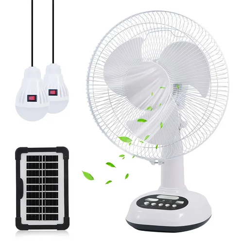 12-inch Portable Solar Charging Fan, Battery-Driven Fan with 2 Bulbs and Solar Panel, Alternating current or direct current Solar Power, Rechargeable Battery Power, Suitable for Outdoor Camping Fans, Home Fans, Dormitory Fans