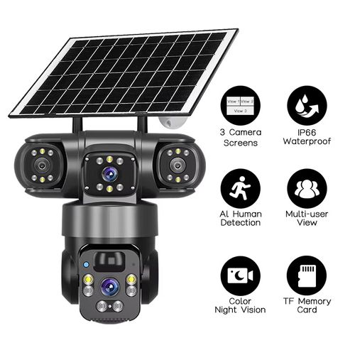 Big Sale! In Stock. V380 Real Triple-Lens Triple-View 900W Panoramic 4G Home Surveillance Solar Camera
