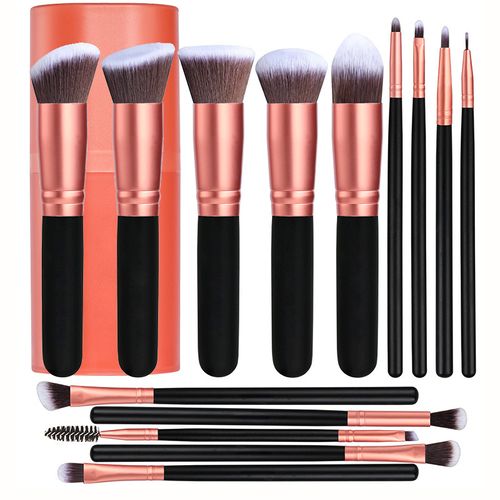 Makeup Brushes  Premium Synthetic Foundation Powder Concealers Eye Shadows Makeup 14 Pcs Brush Set, Rose Golden, with Case