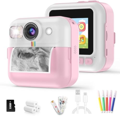 High Definition Portable Kids Camera with Game Function Popular Mini Selfie Printing Camera for Kid Easy Play  with 3 Roller Photo Paper (Pink)