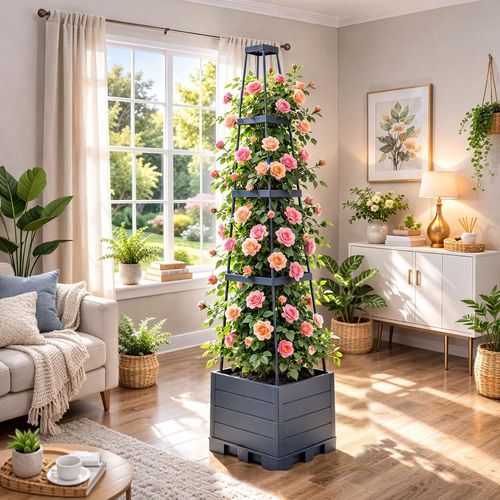 Self Watering Raised Garden Planter Bed Equipped With Trellis Tomato Cage, Ideal Planter Box For Climbing Plants, Vegetables, Vines And Flowers For Patio Balcony Outdoor Backyard Cultivation