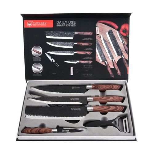 6 Pieces Forged Stainless Steel Kitchen Knife Set, Complete Cutlery Kit with Chef Slicing Paring Knives, Scissors, Ceramic Peeler and Protective Gift Storage Case for Home Cooking Use