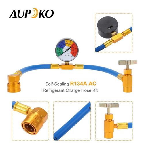 R134A Air Conditioning Refrigerant Charge Hose Kit Equipped with Pressure Gauge and 1/2 Inch Self-Sealing Valve Can, Professional Recharge Hose Set for Automobile AC Refrigerant Adding Work