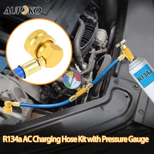 R134A Air Conditioning Refrigerant Charge Hose Kit Equipped with Pressure Gauge and 1/2 Inch Self-Sealing Valve Can, Professional Recharge Hose Set for Automobile AC Refrigerant Adding Work