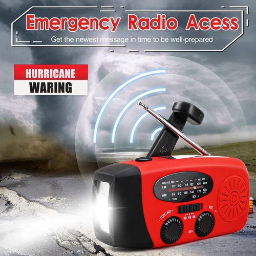 Multifunctional Emergency Hand Crank Weather Radio, Portable AM FM NOAA Radio with LED Flashlight 2000mAh Power Bank for Phone Charging, Solar and USB Dual Charging Design for Camping Emergency Preparedness