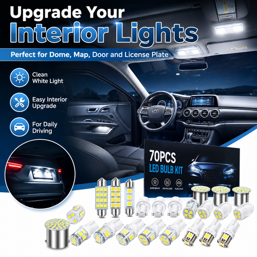70 Pieces Super Bright White Car Interior LED Light Bulbs Kit, T10 31mm 36mm 41mm Replacement Bulbs, Plug and Play for Dome Map Reading License Plate Side Marker Lights