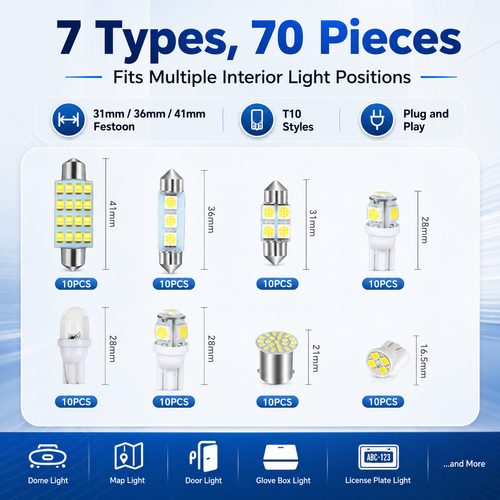 70 Pieces Super Bright White Car Interior LED Light Bulbs Kit, T10 31mm 36mm 41mm Replacement Bulbs, Plug and Play for Dome Map Reading License Plate Side Marker Lights