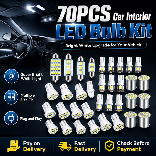 70 Pieces Super Bright White Car Interior LED Light Bulbs Kit, T10 31mm 36mm 41mm Replacement Bulbs, Plug and Play for Dome Map Reading License Plate Side Marker Lights
