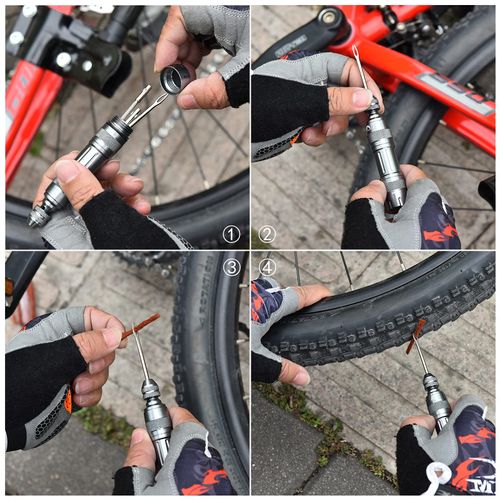 Portable Bike Tubeless Tire Puncture Repair Kit, Flat Tyre Quick Fix Tool Set with Sealant, Plugs and Inflator for Road Bike Wheel Emergency Maintenance