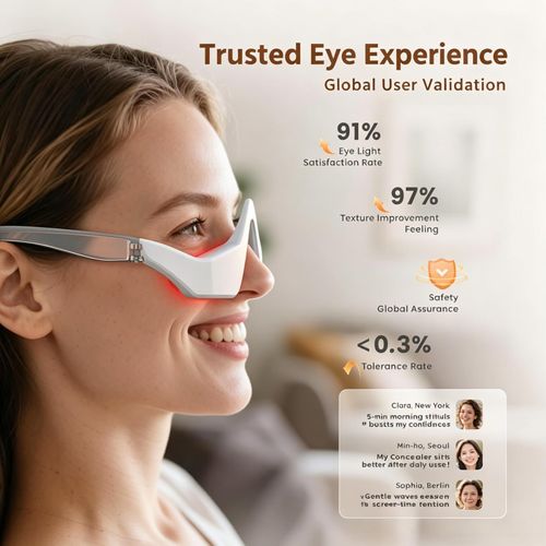Red light therapy eye massager glasses designed for soothing tired eyes, effectively improve dark circles, under-eye puffiness, eye bags and fine lines around eye area, portable eye care beauty device for daily use, free shipping and cash on delivery.