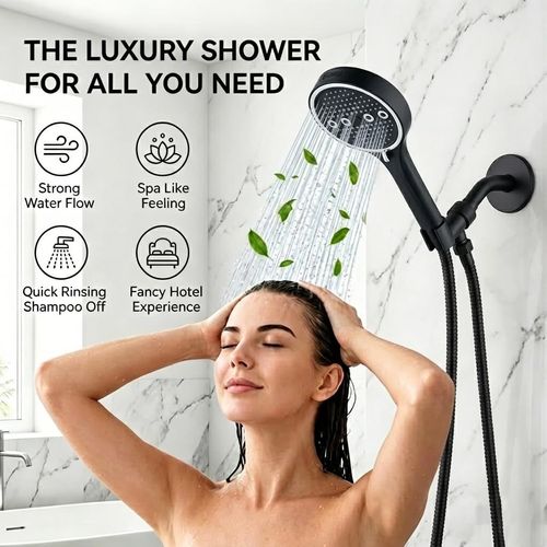 Black chrome-plated handheld shower head with 6 adjustable spray settings: rain, pulse, boost, mist, mix and self-clean mode. Matched with 2-meter explosion-proof PVC shower hose and no-drill installation bracket, easy to assemble for bathroom renovation, free shipping and cash on delivery.