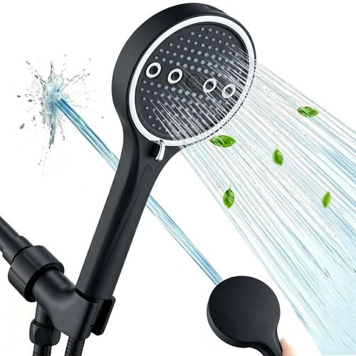 Black chrome-plated handheld shower head with 6 adjustable spray settings: rain, pulse, boost, mist, mix and self-clean mode. Matched with 2-meter explosion-proof PVC shower hose and no-drill installation bracket, easy to assemble for bathroom renovation, free shipping and cash on delivery.