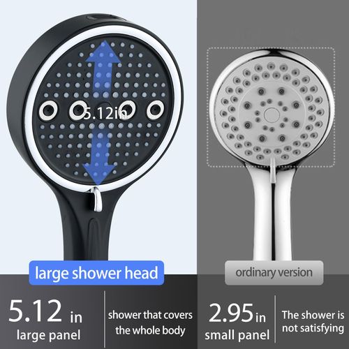 Black chrome-plated handheld shower head with 6 adjustable spray settings: rain, pulse, boost, mist, mix and self-clean mode. Matched with 2-meter explosion-proof PVC shower hose and no-drill installation bracket, easy to assemble for bathroom renovation, free shipping and cash on delivery.
