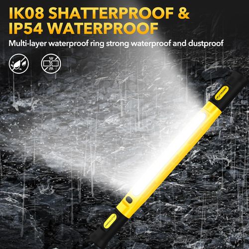 Yellow rechargeable LED work light bar built with strong magnet and hanging hooks, specially designed as under-hood lighting for auto repair, also applicable for garage maintenance and outdoor camping use, free shipping and cash on delivery.