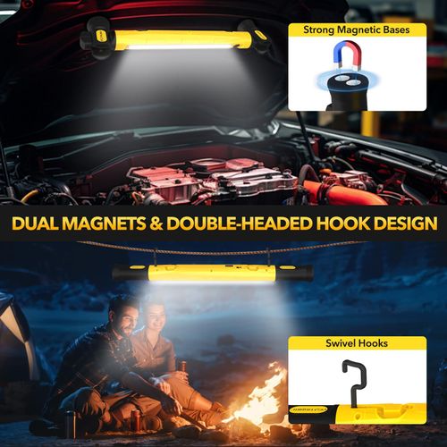 Yellow rechargeable LED work light bar built with strong magnet and hanging hooks, specially designed as under-hood lighting for auto repair, also applicable for garage maintenance and outdoor camping use, free shipping and cash on delivery.