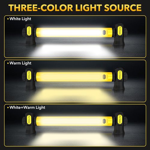 Yellow rechargeable LED work light bar built with strong magnet and hanging hooks, specially designed as under-hood lighting for auto repair, also applicable for garage maintenance and outdoor camping use, free shipping and cash on delivery.