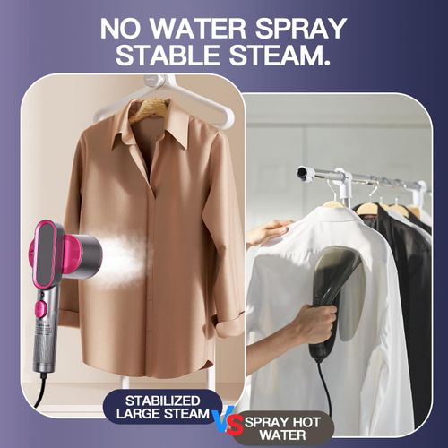 2-in-1 handheld travel garment steamer and iron in rose color, heats up within 15 seconds with large ceramic heat panel, lightweight portable design perfect for travel use, free shipping and cash on delivery.