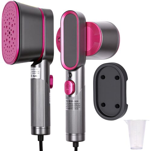 2-in-1 handheld travel garment steamer and iron in rose color, heats up within 15 seconds with large ceramic heat panel, lightweight portable design perfect for travel use, free shipping and cash on delivery.