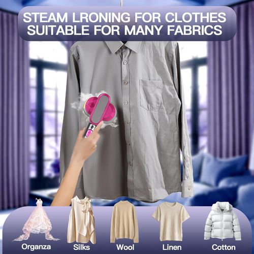 2-in-1 handheld travel garment steamer and iron in rose color, heats up within 15 seconds with large ceramic heat panel, lightweight portable design perfect for travel use, free shipping and cash on delivery.
