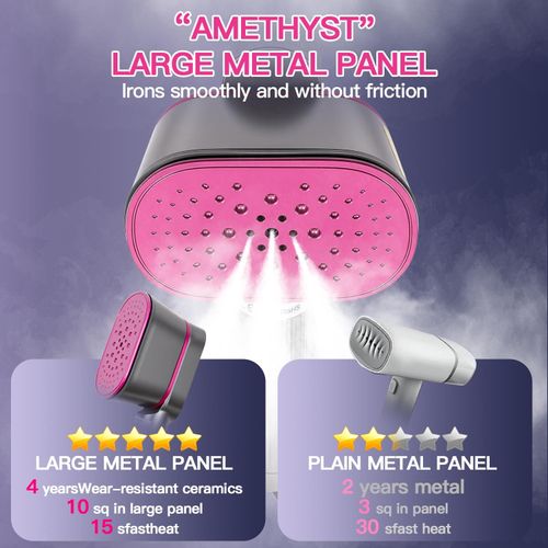 2-in-1 handheld travel garment steamer and iron in rose color, heats up within 15 seconds with large ceramic heat panel, lightweight portable design perfect for travel use, free shipping and cash on delivery.