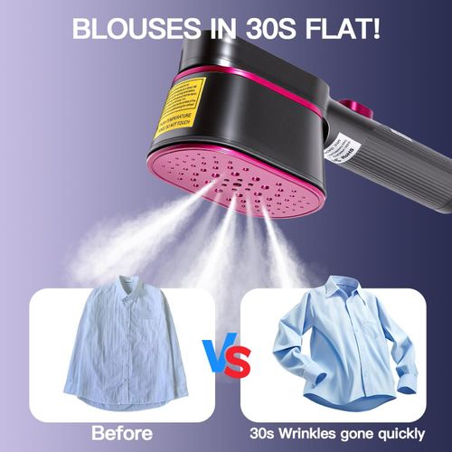 2-in-1 handheld travel garment steamer and iron in rose color, heats up within 15 seconds with large ceramic heat panel, lightweight portable design perfect for travel use, free shipping and cash on delivery.