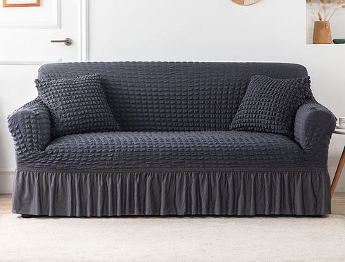 1-piece dark grey loveseat slipcover with country style skirt, high stretch and durable fabric, easy to install fitted sofa furniture protector for standard love seats, free shipping and cash on delivery.