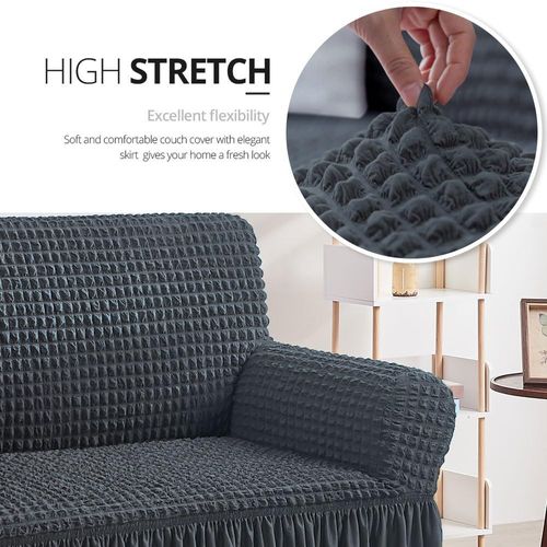 1-piece dark grey loveseat slipcover with country style skirt, high stretch and durable fabric, easy to install fitted sofa furniture protector for standard love seats, free shipping and cash on delivery.