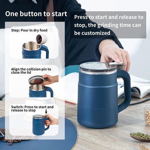 Blue electric grinder with simple one-button control. It can efficiently grind coffee beans, spices, dry herbs and nuts, compact and practical for home use, free shipping and cash on delivery.