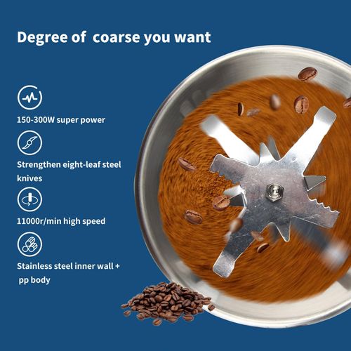 Blue electric grinder with simple one-button control. It can efficiently grind coffee beans, spices, dry herbs and nuts, compact and practical for home use, free shipping and cash on delivery.