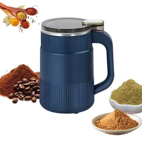 Blue electric grinder with simple one-button control. It can efficiently grind coffee beans, spices, dry herbs and nuts, compact and practical for home use, free shipping and cash on delivery.
