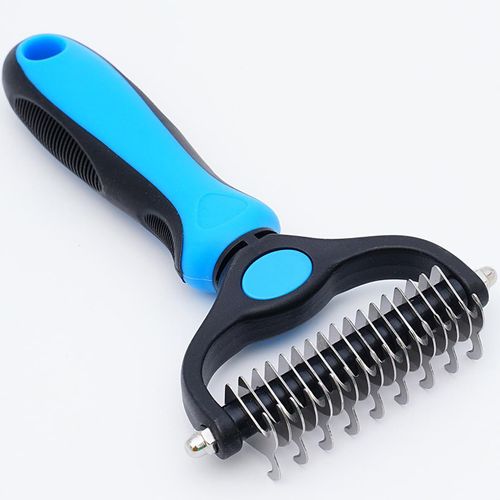 Double-sided pet grooming rake works for dogs and cats. It safely removes loose undercoat and tangled mats, effectively controls shedding without hurting pets, ideal for long-haired breeds, free shipping and cash on delivery.