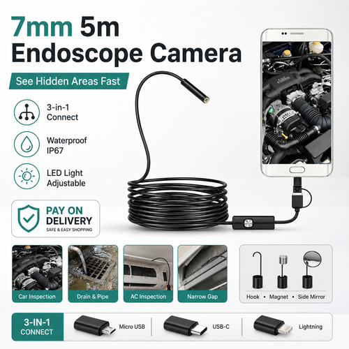 Type-C Endoscope Camera 7mm 5m Flexible Cable, USB Android Inspection Borescope with 6 Adjustable LED Lights for Phone, PC, Pipe, Car, Wall and Small Corner Checking, COD Free Shipping, Pay on Delivery