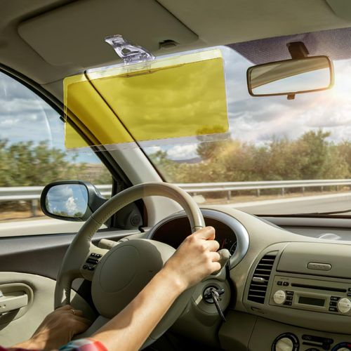 Dual-use polarized sun visor shield for day and night driving, effective anti-glare and sun protection, optimized visibility and eye protection, universal fit for cars and trucks, free shipping and cash on delivery