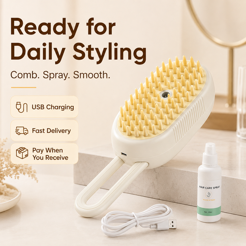 Steam Hair Comb 3-in-1 Spray Hair Brush for Men and Women, Self-Cleaning Detangling Comb with 360° Rotating Teeth for Long and Short Hair, Buy 1 Get 2, COD Free Shipping Pay on Delivery