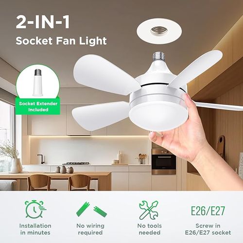 15.8Inch Large Socket Fan Light Original, Socket Ceiling Fan with Lights and Remote -3 Adjustable Fan Speed Brightness Settings, Ceiling Lights, LED Lights for Bedroom, Bathroom, White Round Lamp